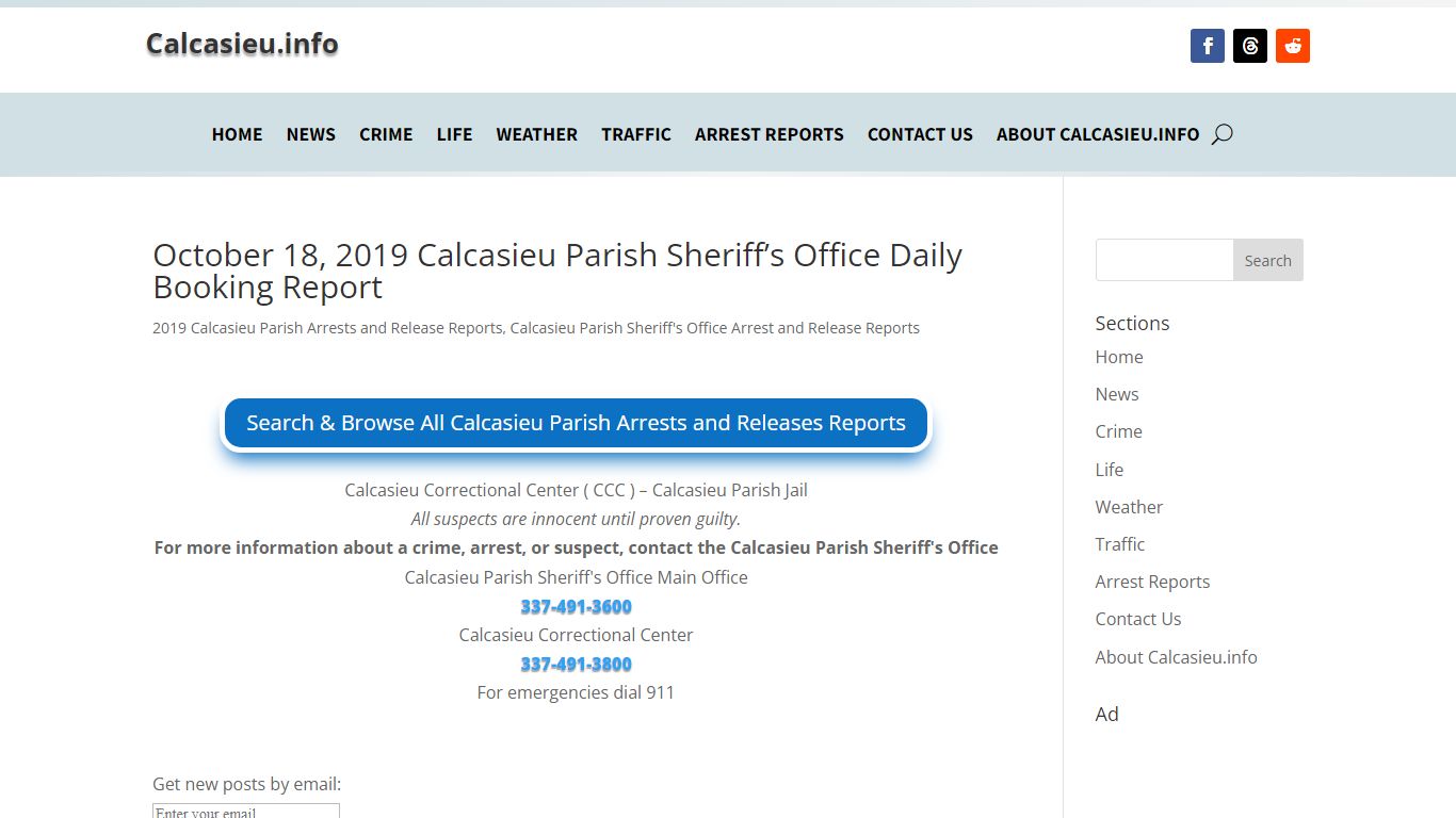 October 18, 2019 Calcasieu Parish Sheriff’s Office Daily Booking Report